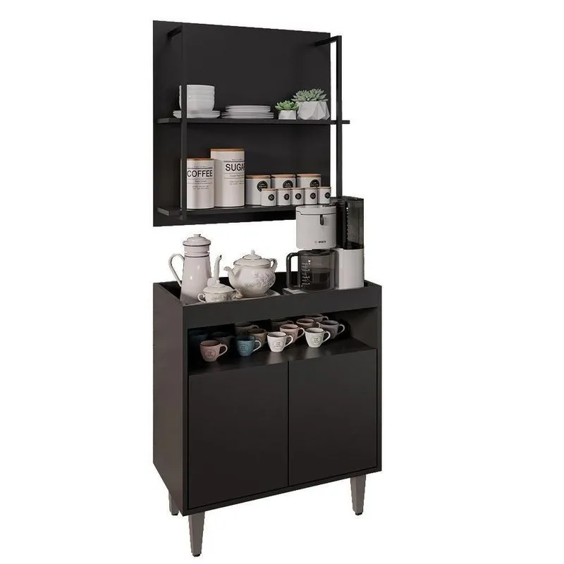 Aparador Cantinho Do Café E Painel 2 Prateleiras Flora M24 Preto - Mpozenato