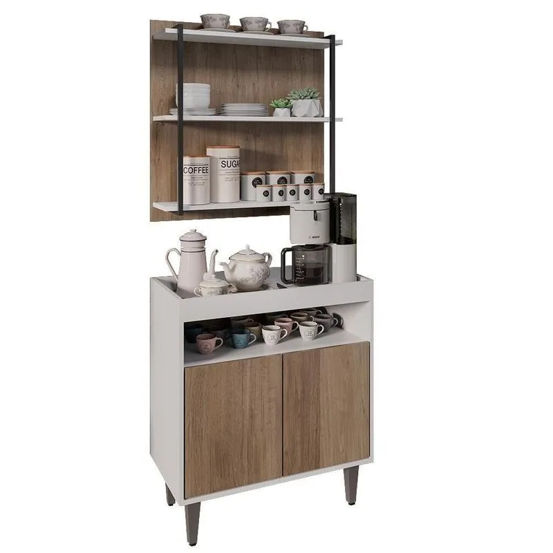 Aparador Cantinho Do Café E Painel 3 Prateleiras Flora M24 Branco/freijó - Mpozenato