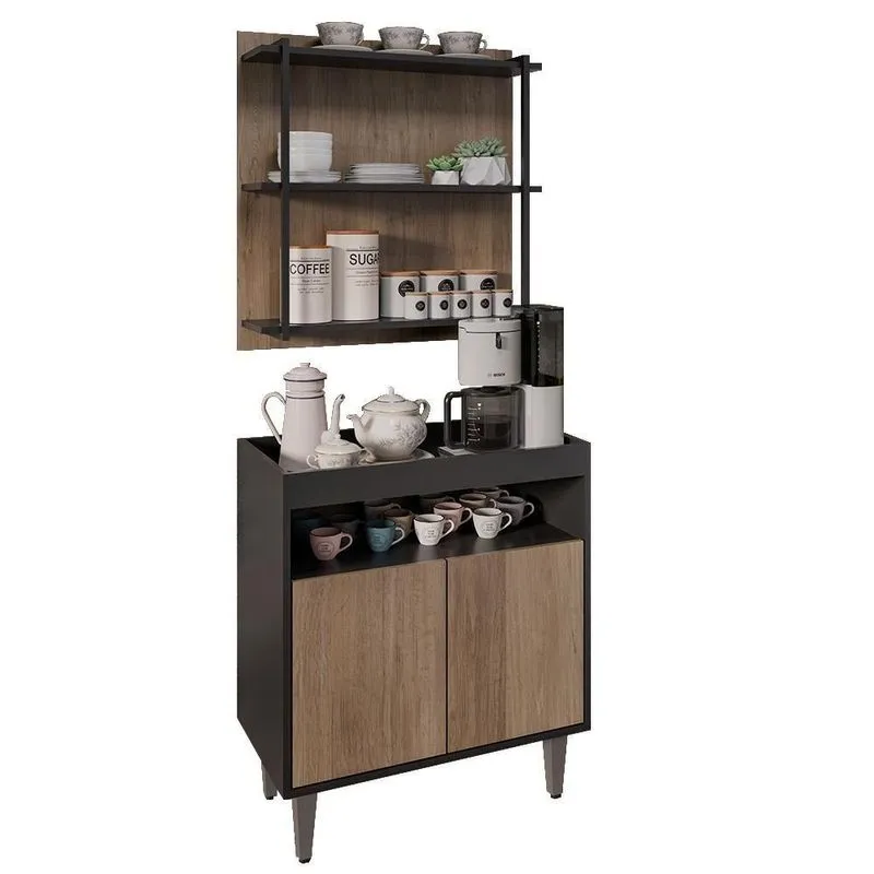 Aparador Cantinho Do Café E Painel 3 Prateleiras Flora M24 Preto/freijó - Mpozenato