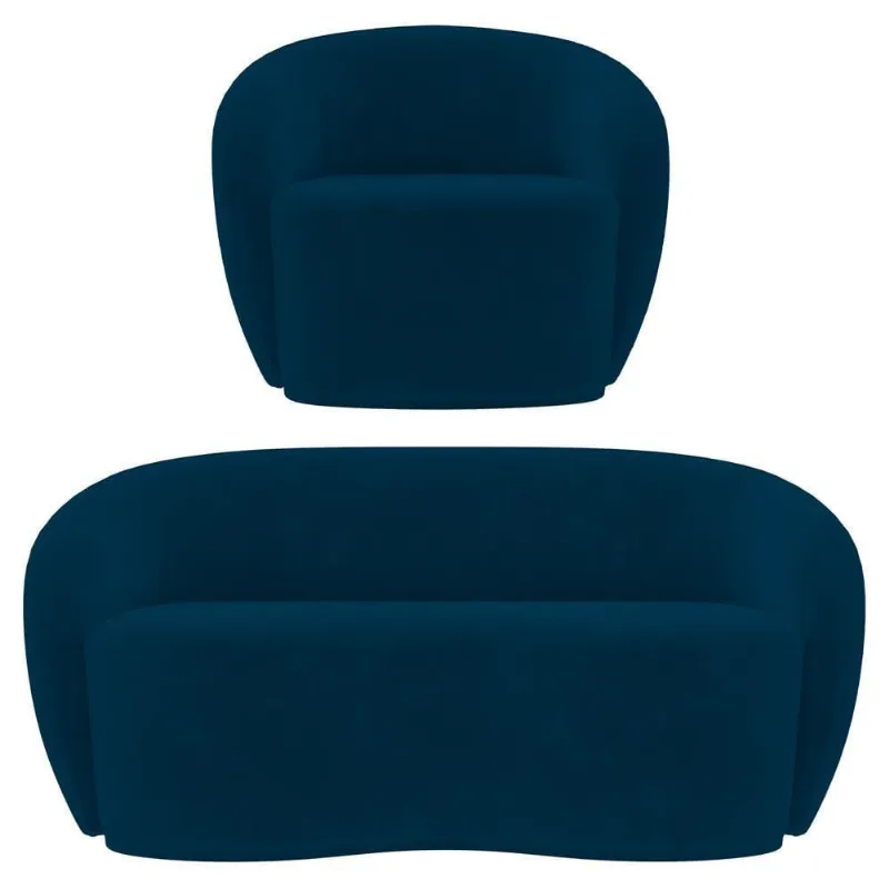 Sofá 3 Lugares Living 180cm E 1 Poltrona Giratória Garbin Z08 Veludo Azul Marinho - Mpozenato