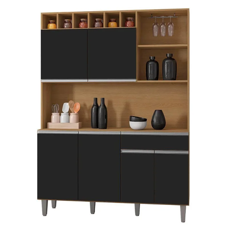 Cozinha Compacta 130cm Com 6 Portas 1 Gaveta Alice Preto-amêndoa - Ajl Móveis