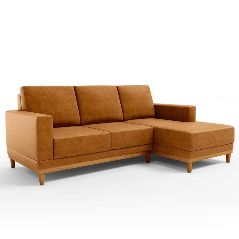Sofá 3 Lugares 200cm Living Com Chaise Direito Kayrós D05 Sintético Whisky - Mpozenato