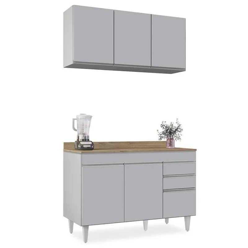 Armário De Cozinha Aéreo Virgínia E Balcão Com Tampo 120cm Michigan Cinza Claro/castanho - Lumil
