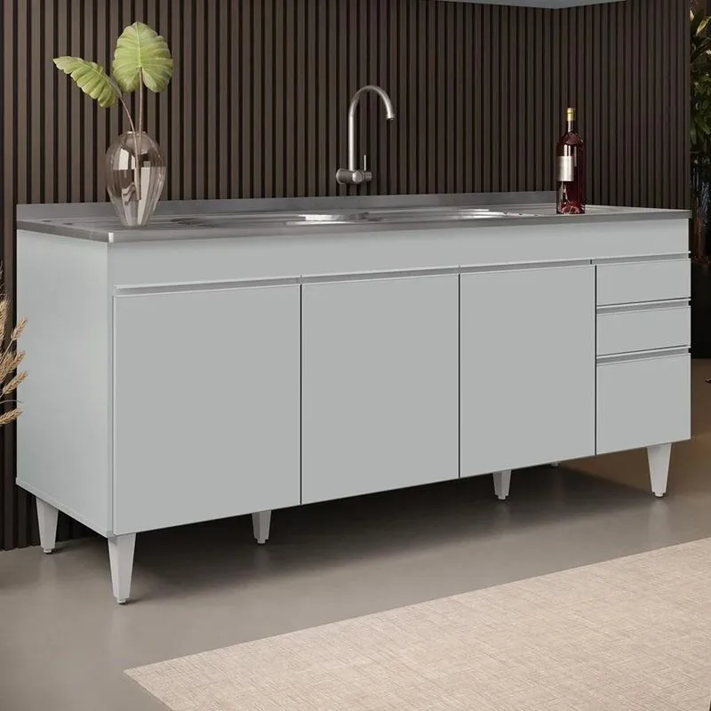 Balcão De Cozinha Com Pia Inox 180cm 4 Portas Dallas Cinza Claro - Lumil