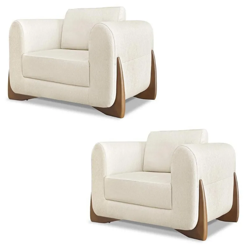 Poltrona Para Sala Base De Madeira Kit 2 Izzy S06 Linho Natural - Mpozenato