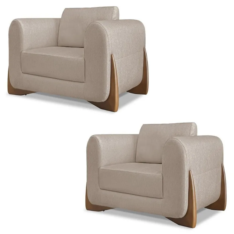 Poltrona Para Sala Base De Madeira Kit 2 Izzy S06 Linho Areia - Mpozenato