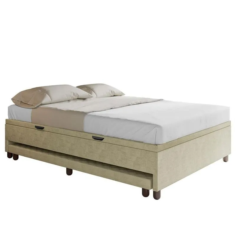 Bicama Casal Box Com Baú 138x188cm Samy S05 Veludo Bege - Mpozenato