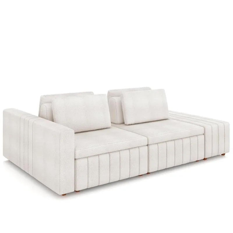 Sofá Ilha E Puff Sala Living 245cm Siesta M22 Boucle Bege Claro - Mpozenato