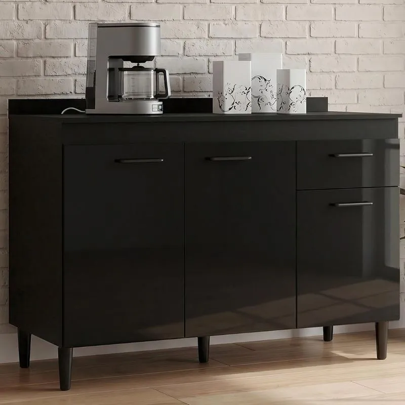 Balcão De Cozinha Classic Z46 3 Portas 1 Prateleira MDP Tamanho 120cm Preto E Mármore Mpozenato