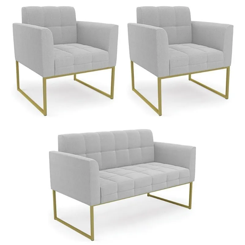 Namoradeira E 2 Poltronas Industrial Dourado Ana Bouclé Cinza - Ibiza
