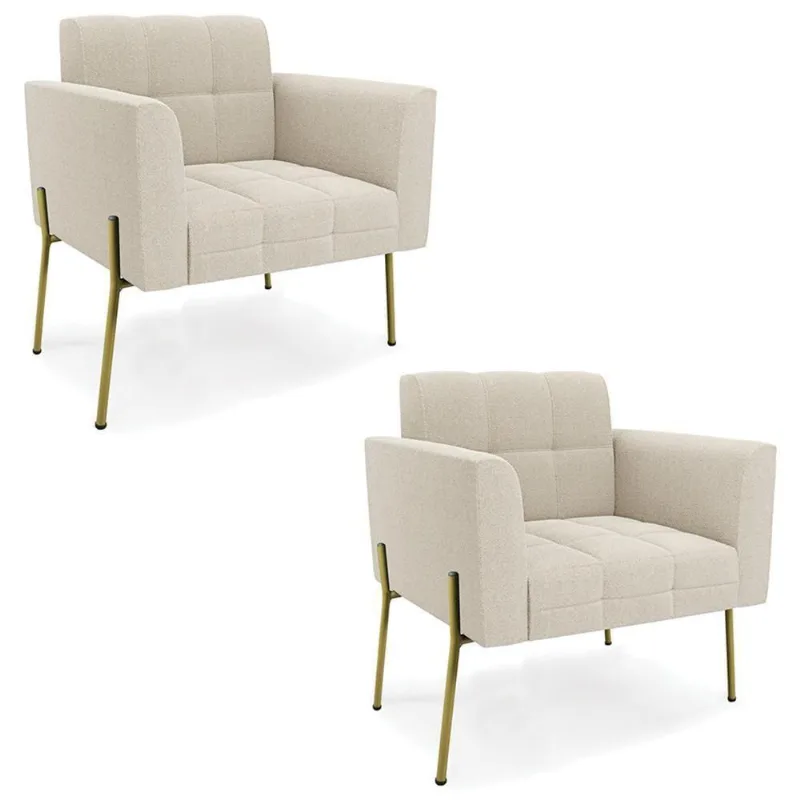 Poltrona Para Sala Pé Metal Dourado Kit 2 Ana Bouclé Bege - Ibiza