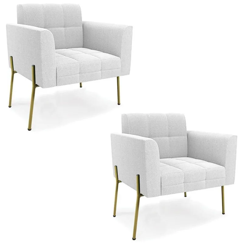 Poltrona Para Sala Pé Metal Dourado Kit 2 Ana Bouclé Off - Ibiza