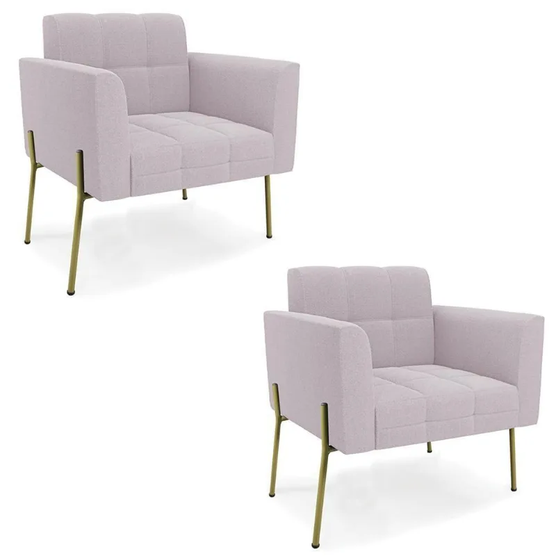 Poltrona Para Sala Pé Metal Dourado Kit 2 Ana Bouclé Rosê - Ibiza
