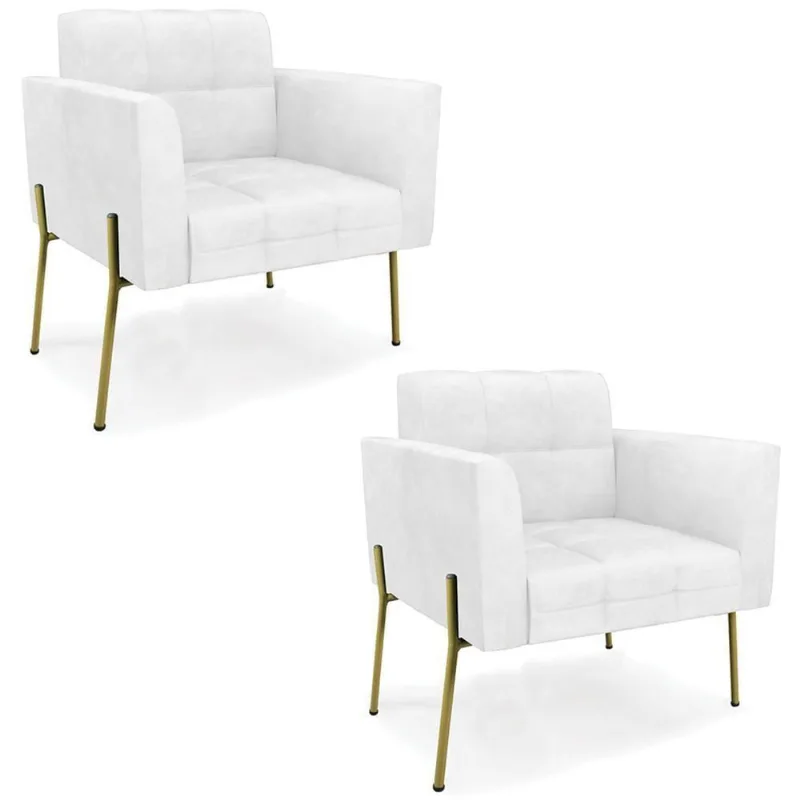 Poltrona Sala Pé Metal Dourado Kit 2 Ana Sintético Pu Branco - Ibiza