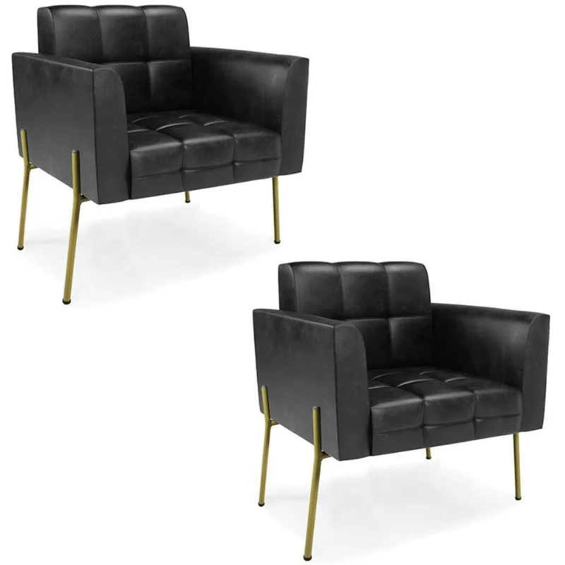 Poltrona Sala Pé Metal Dourado Kit 2 Ana Sintético Pu Preto - Ibiza