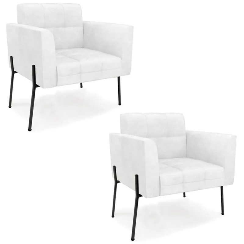 Poltrona Sala Pé Metal Preto Kit 2 Ana Sintético Pu Branco - Ibiza