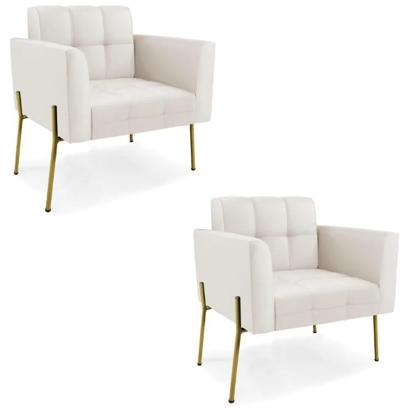 Poltrona Sala Pé Metal Dourado Kit 2 Ana Sintético Bege - Ibiza