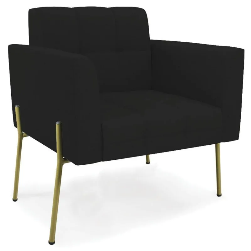 Poltrona Para Sala Pés Metálicos Dourado Ana Linho Preto - Ibiza