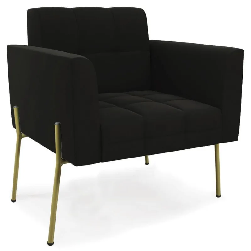 Poltrona Sala Pés Metálicos Dourado Ana Suede Preto - Ibiza