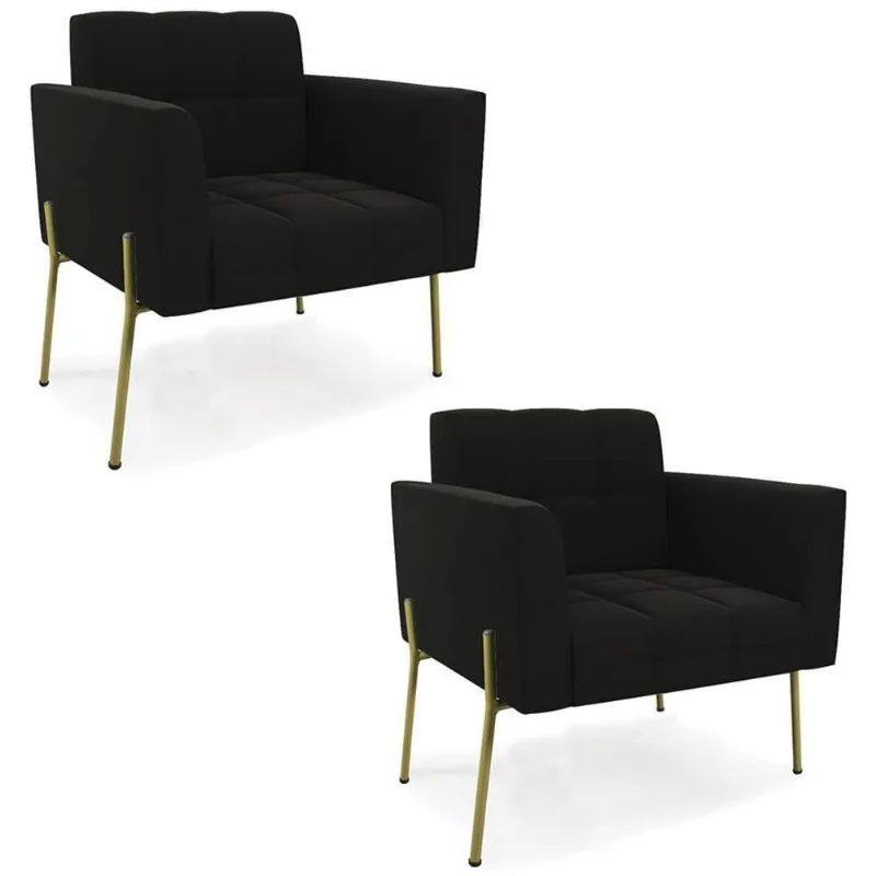 Poltrona Para Sala Pé Metal Dourado Kit 2 Ana Suede Preto - Ibiza