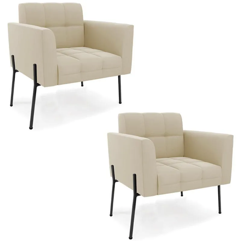Poltrona Para Sala Pé Metal Preto Kit 2 Ana Suede Bege - Ibiza