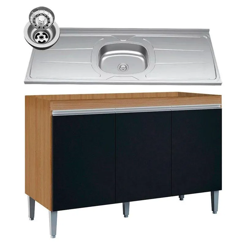 Balcão De Cozinha Com Pia Inox 120cm Manu Preto-amêndoa - Ajl Móveis