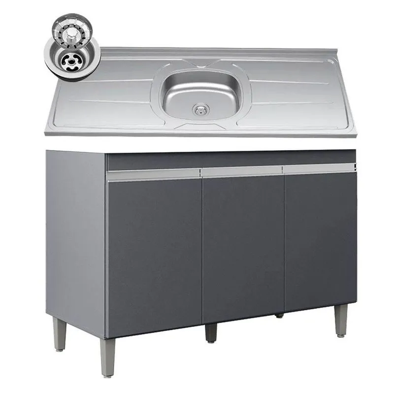 Balcão De Cozinha Com Pia Inox 120cm 3 Portas Manu Cinza - Ajl Móveis