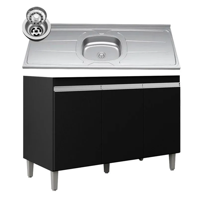 Balcão De Cozinha Com Pia Inox 120cm 3 Portas Manu Preto - Ajl Móveis