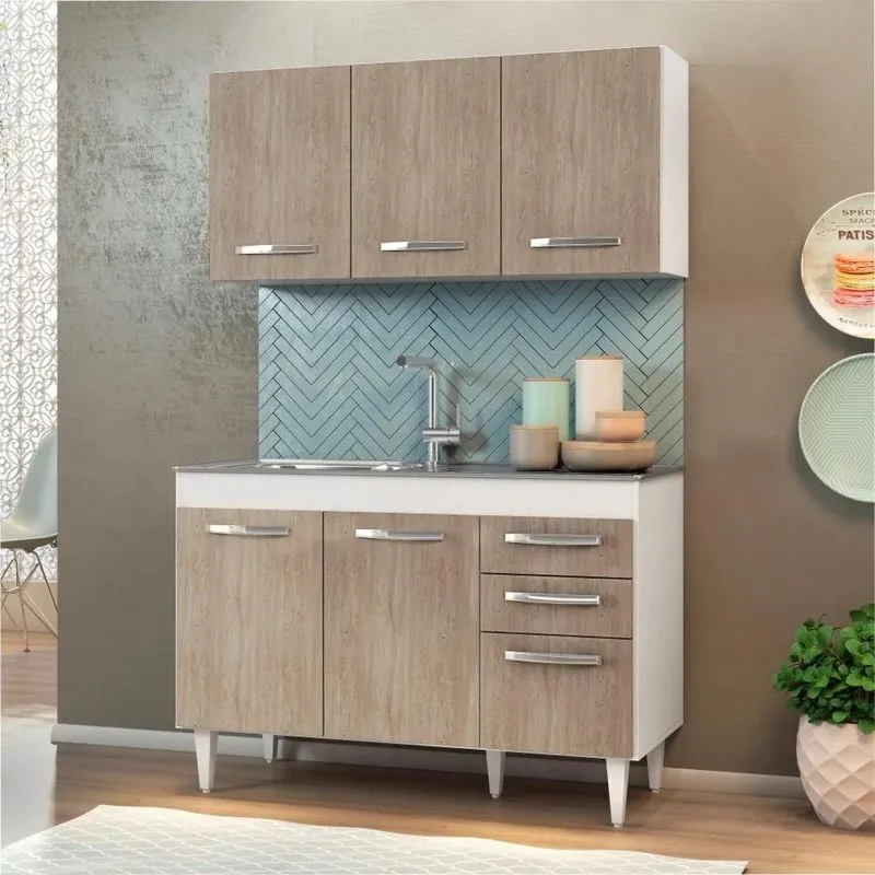 Armário Aéreo Honduras E Balcão Gabinete Suécia Com Pia Inox 120cm Branco/castanho - Lumil Móveis