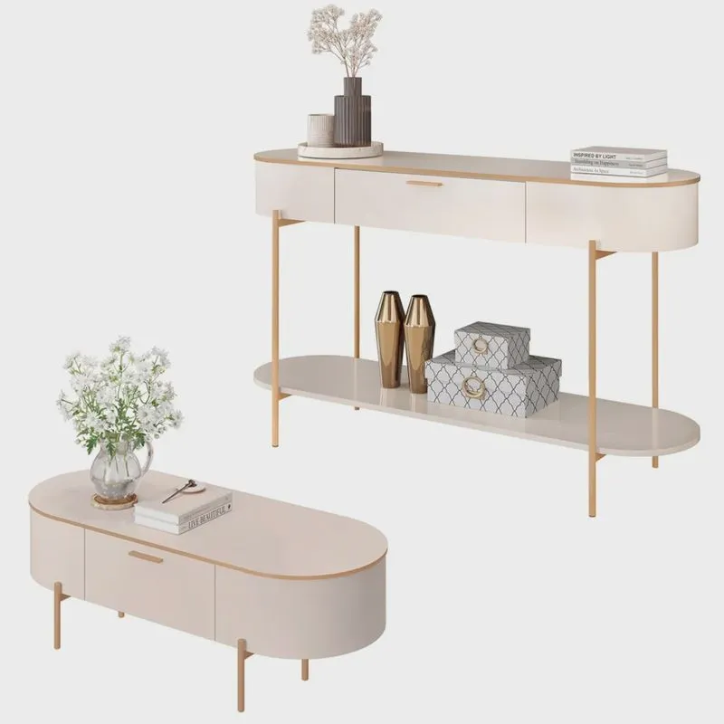 Aparador de Sala Jaspe e Mesa de Centro Clover Off White - Mpozenato