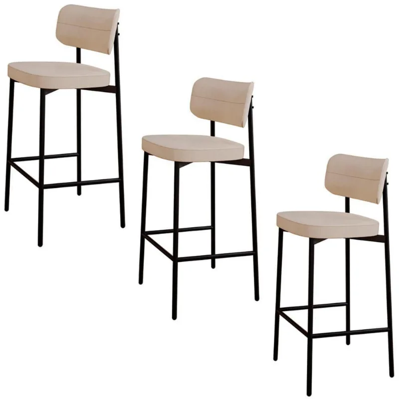 Banqueta Alta Bar Estofada Kit 3 Ella M25 Linho Areia - Mpozenato