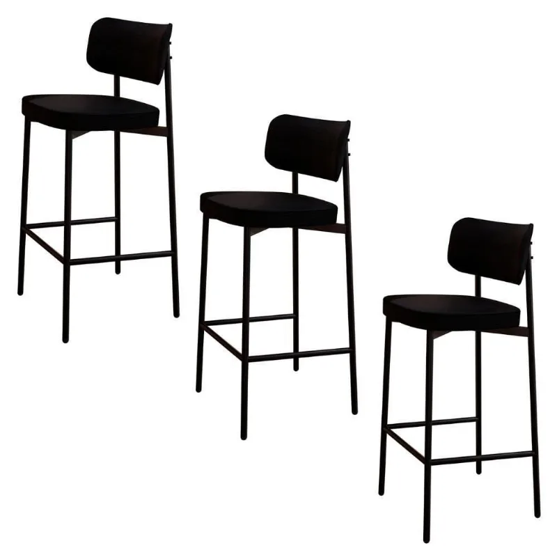 Banqueta Alta Bar Estofada Kit 3 Ella M25 Linho Preto - Mpozenato