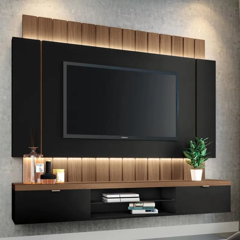 Painel Tv 55 Pol 180cm Bancada Suspensa Illusion Preto/castanho - Hb Móveis