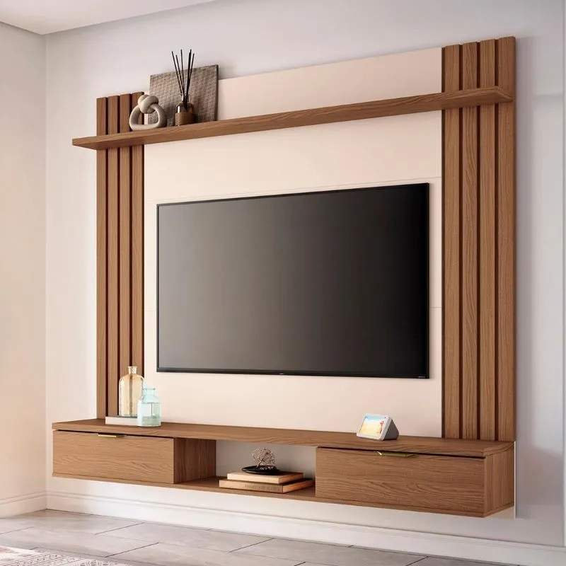 Painel Tv 70 Pol 180cm Bancada Suspensa Solus Off/castanho - Hb Móveis
