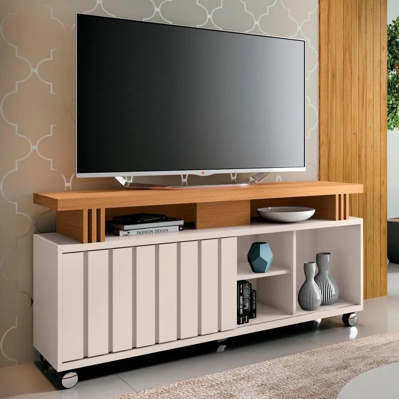 Rack Bancada De Tv 50 Pol 136cm Briz Off White/cinamomo - Hb Móveis
