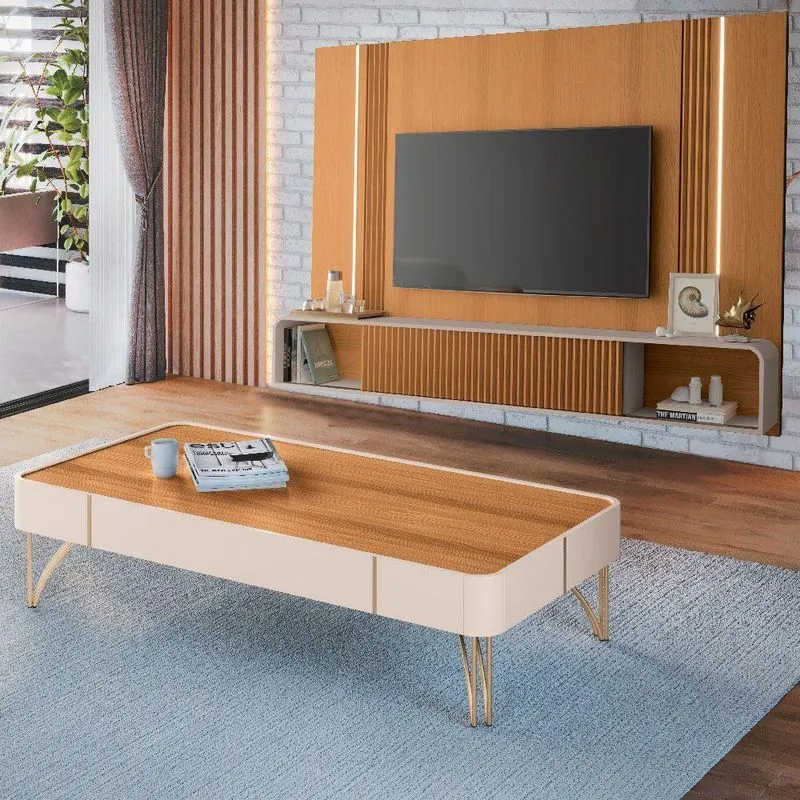 Painel Tv 85 Empire E Mesa De Centro Cadenza Off-cinamomo - Hb Móveis