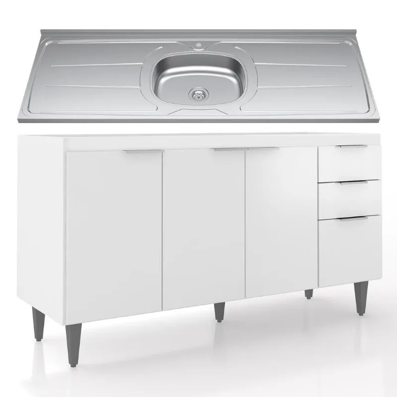 Balcão De Cozinha Com Pia Inox 150cm Pérola Z34 Branco - Mpozenato - Mpozenato