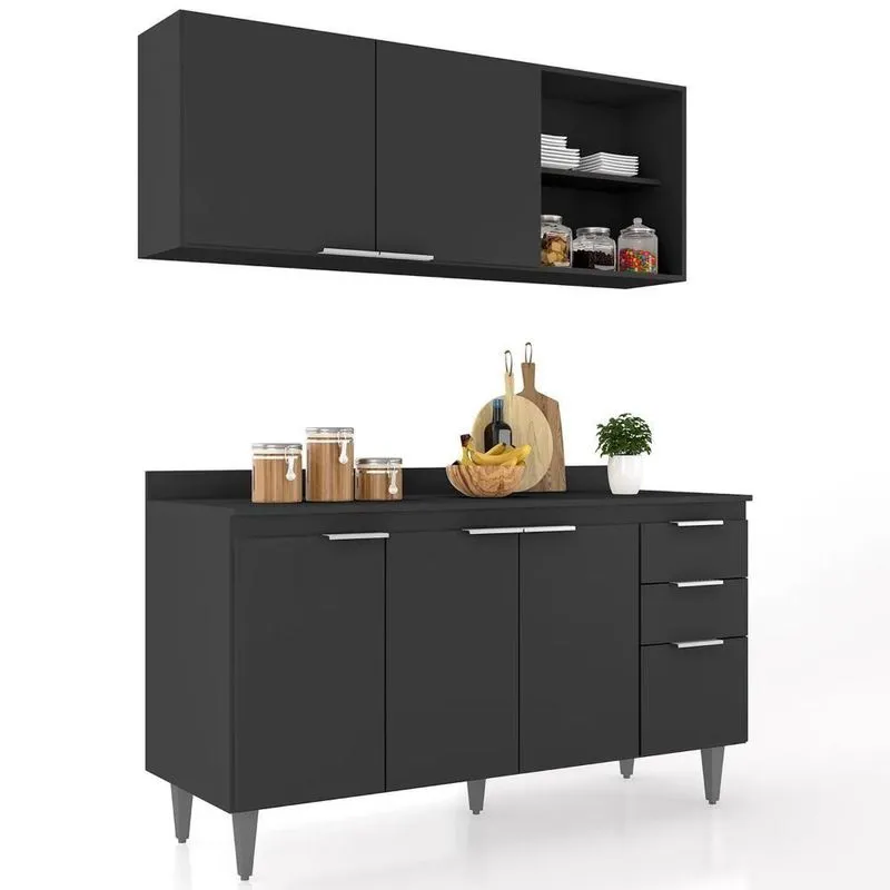Armário De Cozinha Com Tampo CP01 150cm Pérola Preto Z34 - MPOZENATO