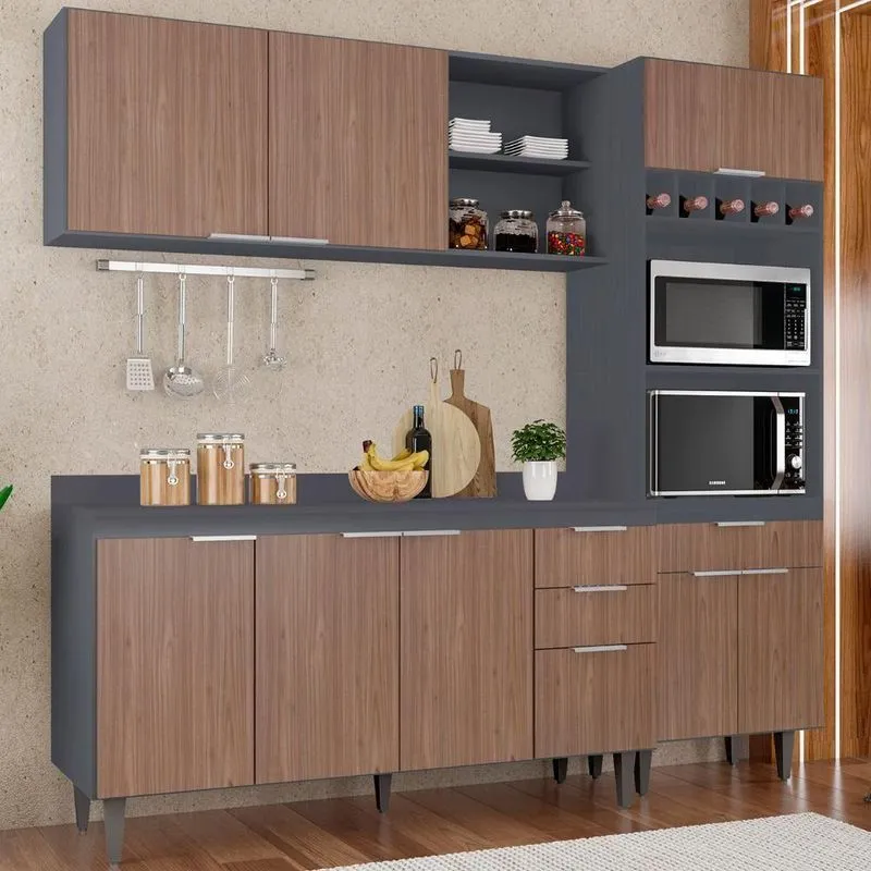 Armário De Cozinha Com Tampo Cp02 210cm Pérola Grafite/freijó Z34 - Mpozenato