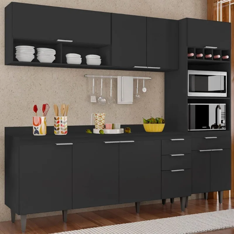 Armário De Cozinha Com Tampo Cp02 240cm Pérola Preto Z34 - Mpozenato