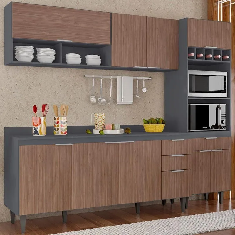 Armário De Cozinha Com Tampo Cp02 240cm Pérola Grafite/freijó Z34 - Mpozenato