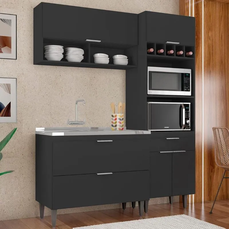 Armário De Cozinha Cp02 Com Pia 100cm Pérola Z34 Preto - Mpozenato