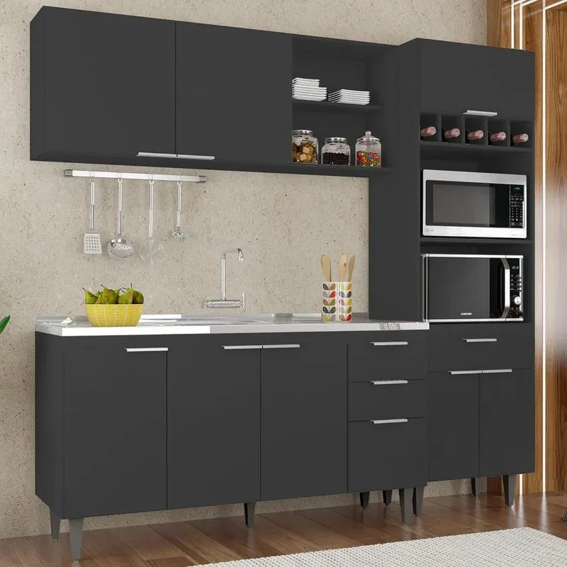 Armário De Cozinha Cp02 Com Pia 150cm Pérola Z34 Preto - Mpozenato