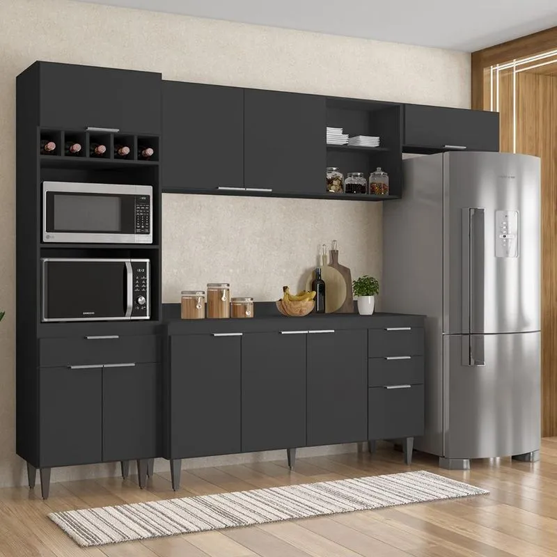 Armário De Cozinha Com Tampo Cp04 280cm Pérola Preto Z34 - Mpozenato