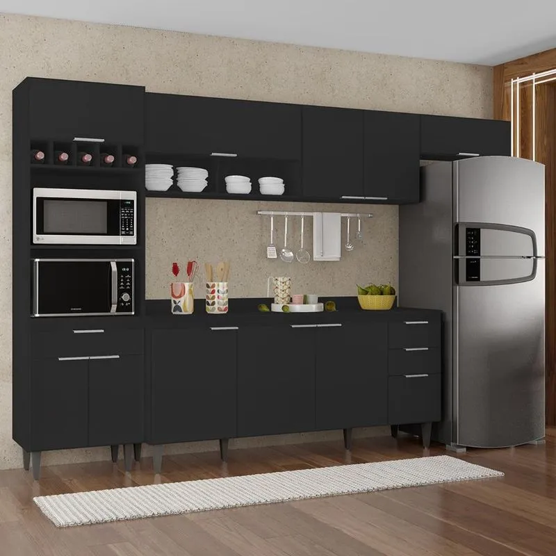 Armário De Cozinha Com Tampo Cp04 310cm Pérola Preto Z34 - Mpozenato