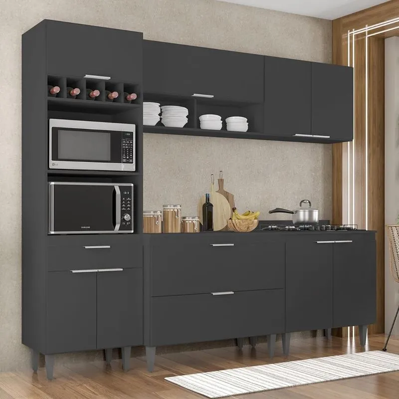 Armário De Cozinha Com Tampo Cp05 240cm Pérola Preto Z34 - Mpozenato
