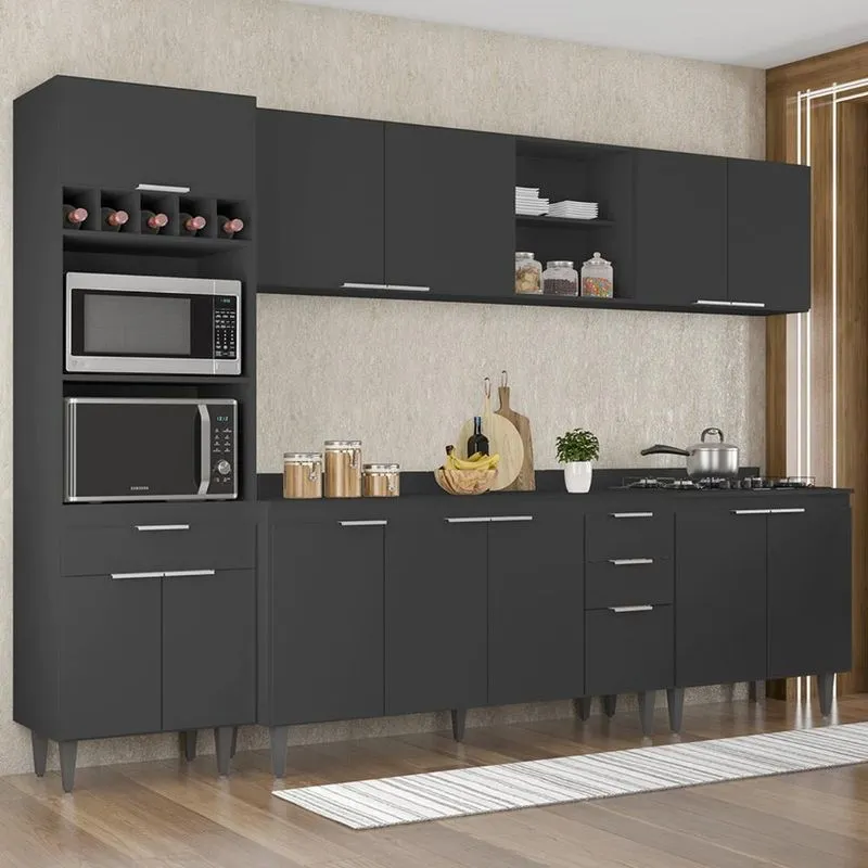 Armário De Cozinha Com Tampo Cp05 290cm Pérola Preto Z34 - Mpozenato