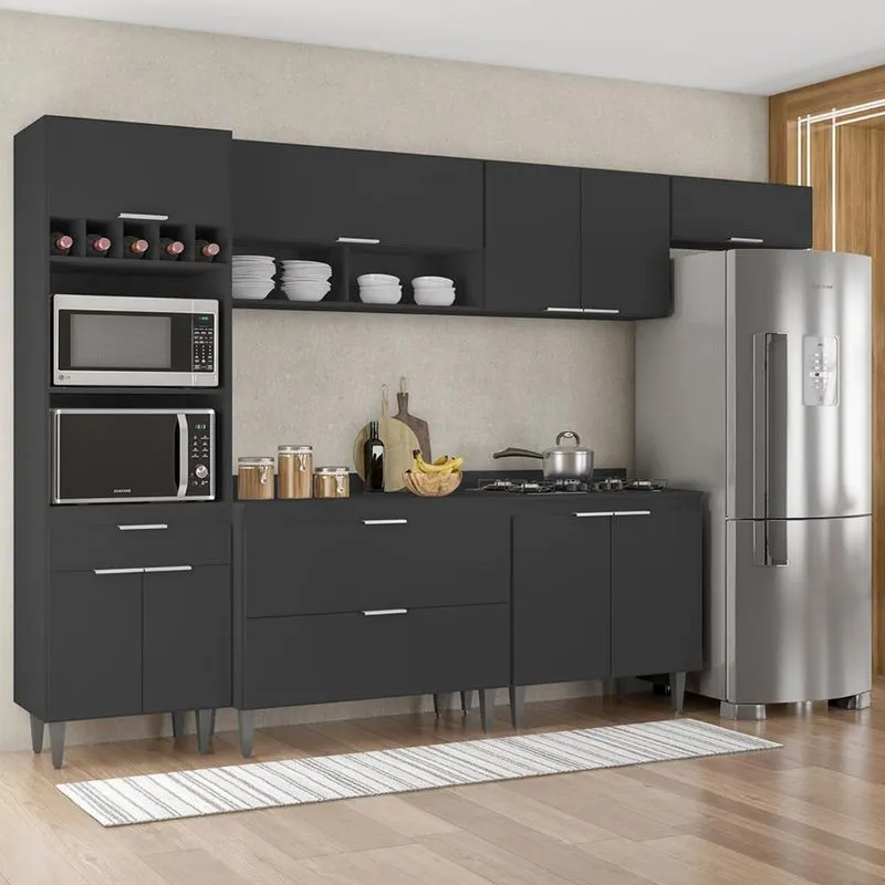 Armário De Cozinha Com Tampo Cp06 310cm Pérola Preto Z34 - Mpozenato