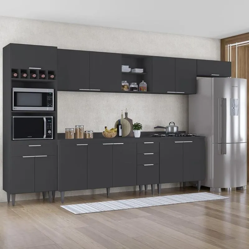 Armário De Cozinha Com Tampo Cp06 360cm Pérola Preto Z34 - Mpozenato