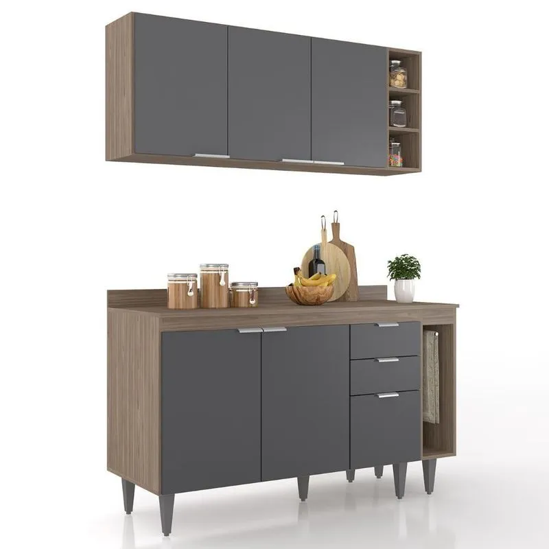 Armário De Cozinha Com Tampo Cp08 140cm Pérola Freijó/grafite Z34 - Mpozenato